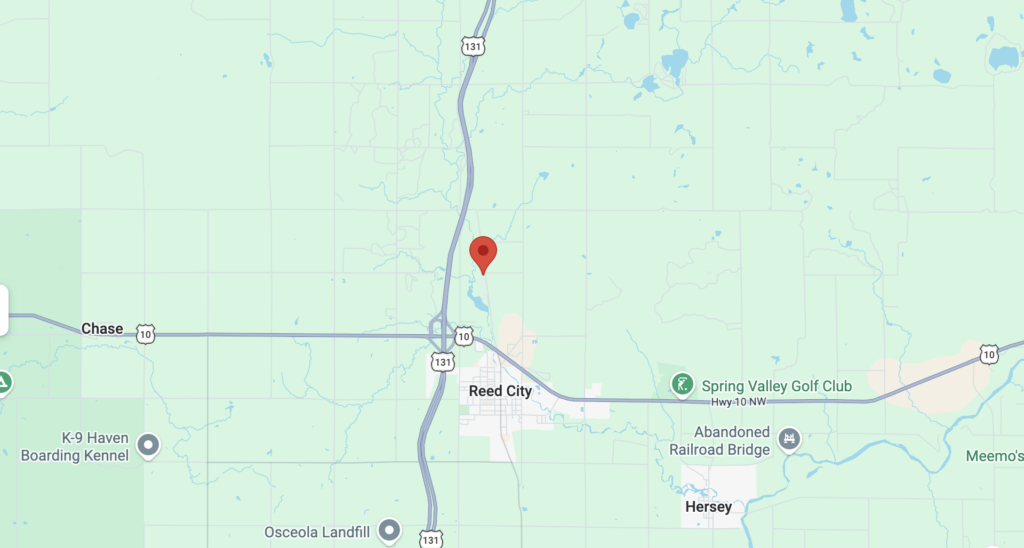 Map showing a red drop pin near Reed City, Michigan, along US-10 and Route 131 in a rural area