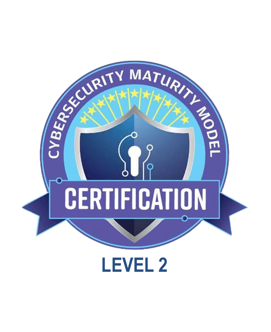 Circular certification badge reading 'Cybersecurity Maturity Model Certification Level 2' with a shield and ribbon design