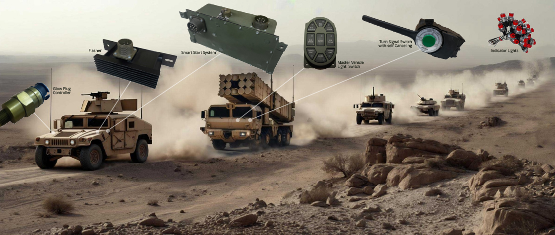 Infographic-style image of a desert military convoy with labeled electrical system components linked to the vehicles (glow plug controller, flasher, smart start system, light switches, indicator lights).